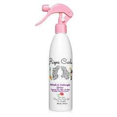 Rizos Curls Refresh & Detangle Spray bottle demonstrates fast detangling and curl refresh.