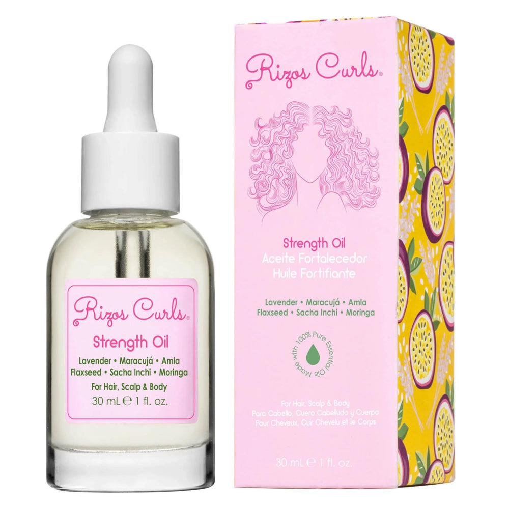 Rizos Curls Strength Oil bottle front for hydrated, strong hair