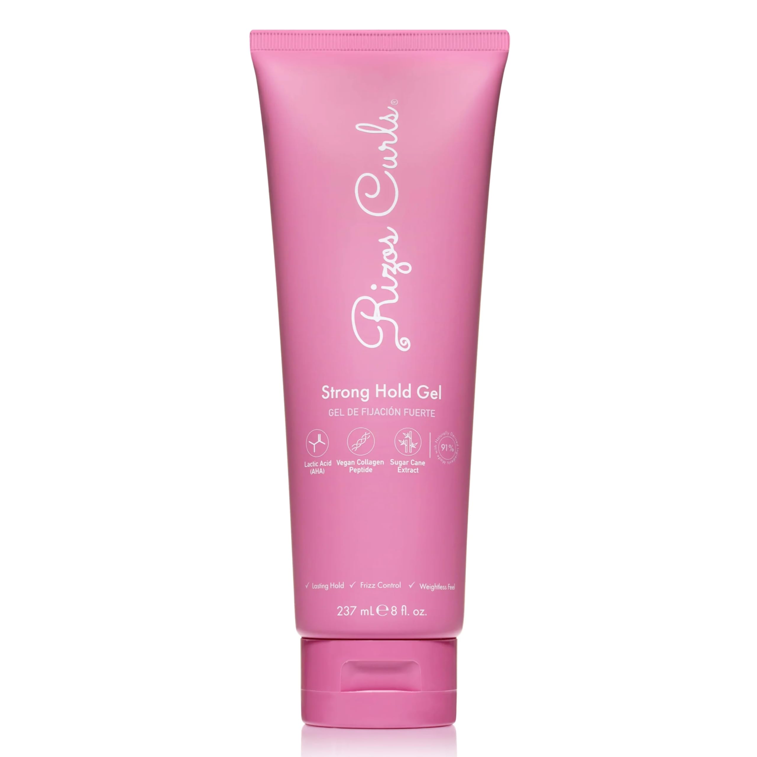 Rizos Curls Strong Hold Gel bottle-front shows weightless hold for curls.