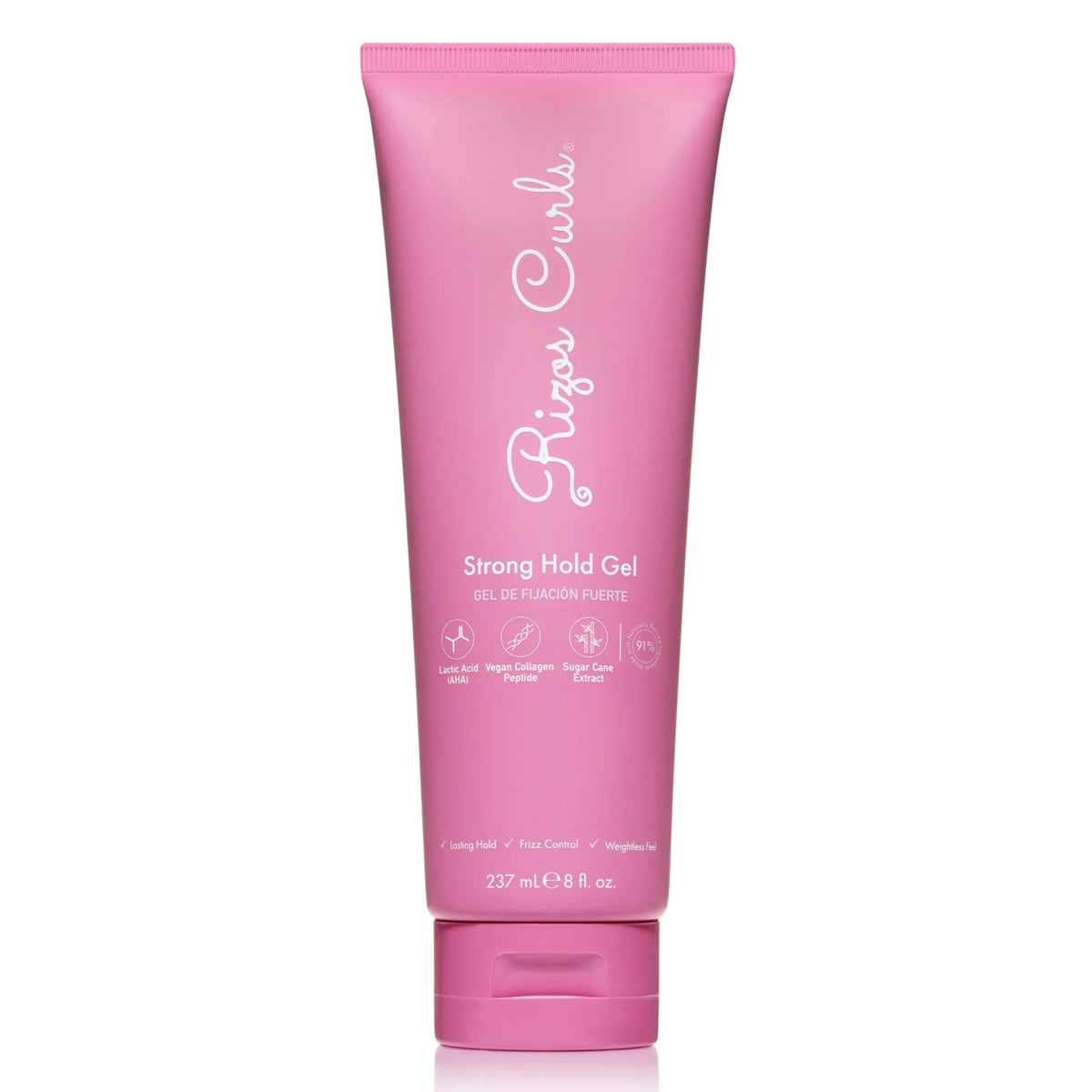Rizos Curls Strong Hold Gel bottle-front shows weightless hold for curls.