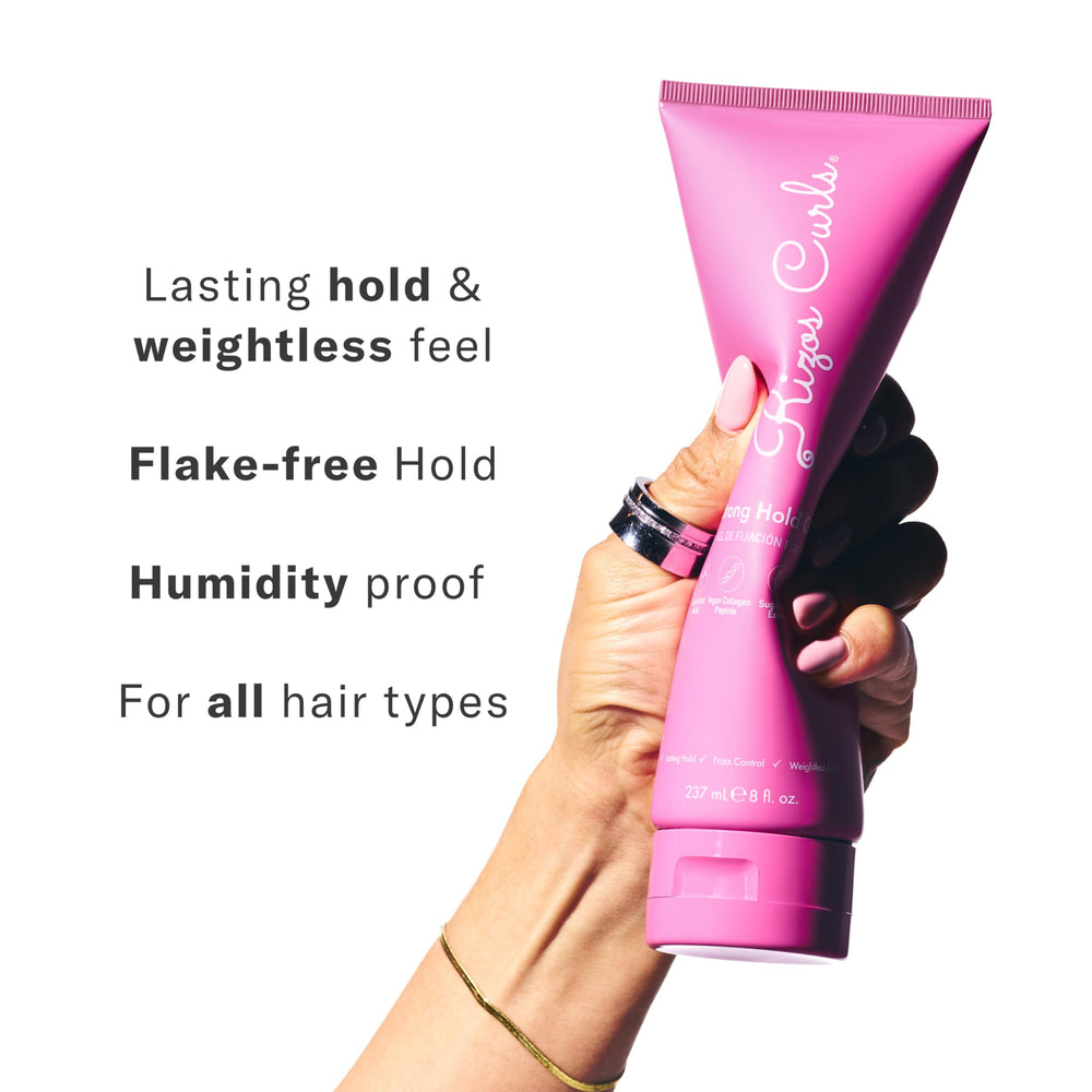 Rizos Curls Strong Hold Gel frizz-control image emphasizes smooth, shiny hair.