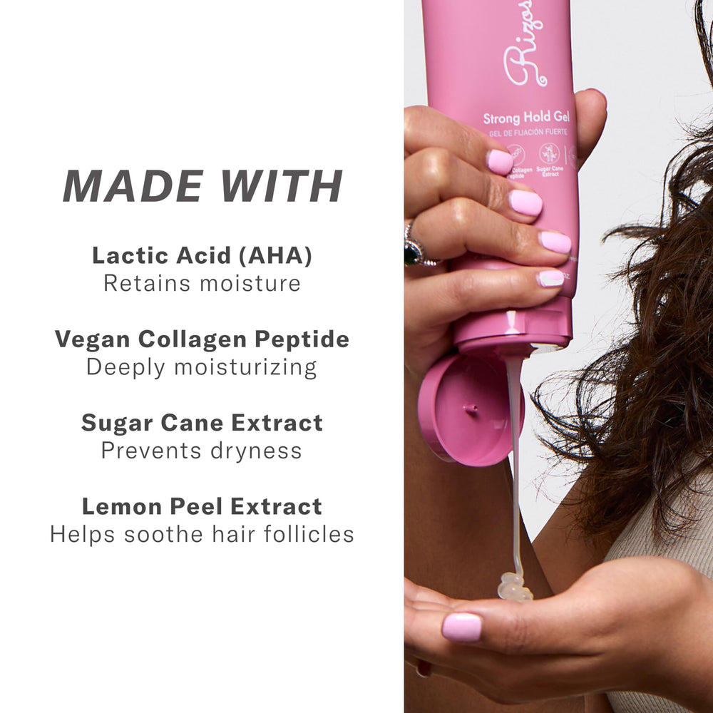 Rizos Curls Strong Hold Gel vegan-collagen-ingredients emphasize hydrating, strengthening effects.
