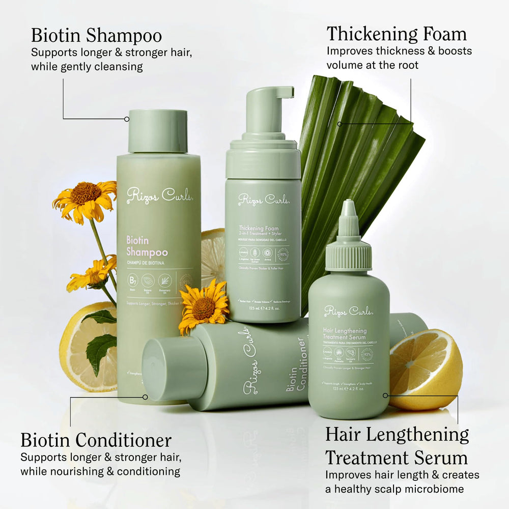 Rizos Curls thickening cream tube shows volumizing daily styling benefits.