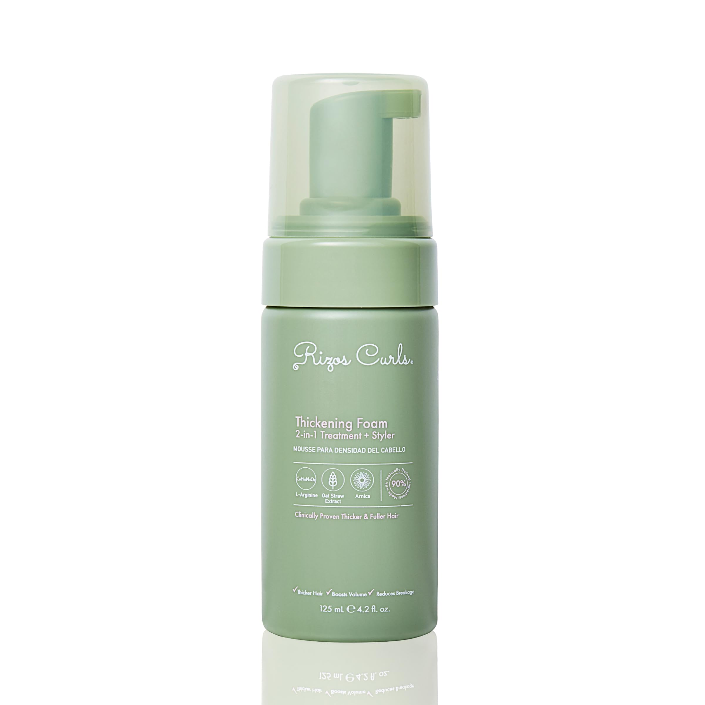 Rizos Curls Thickening Foam bottle delivers lightweight root lift for fuller-looking hair.