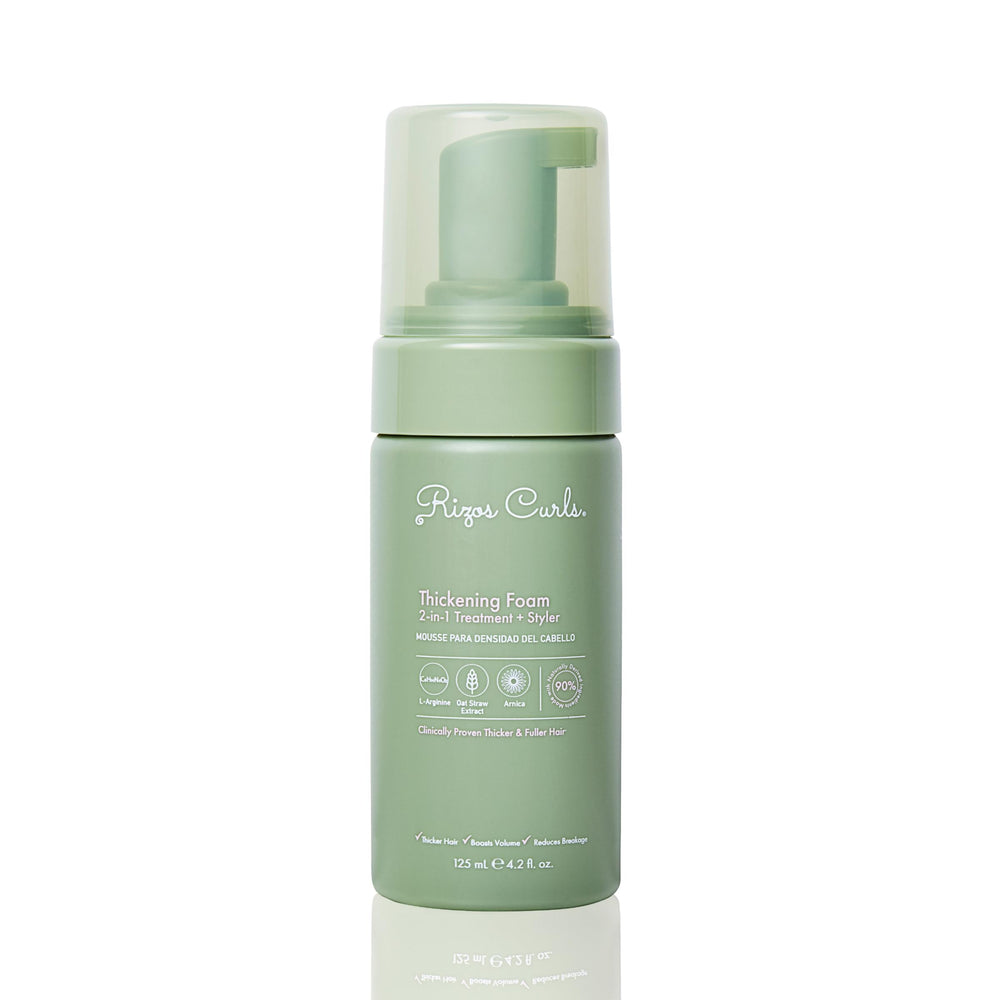 Rizos Curls Thickening Foam bottle delivers lightweight root lift for fuller-looking hair.