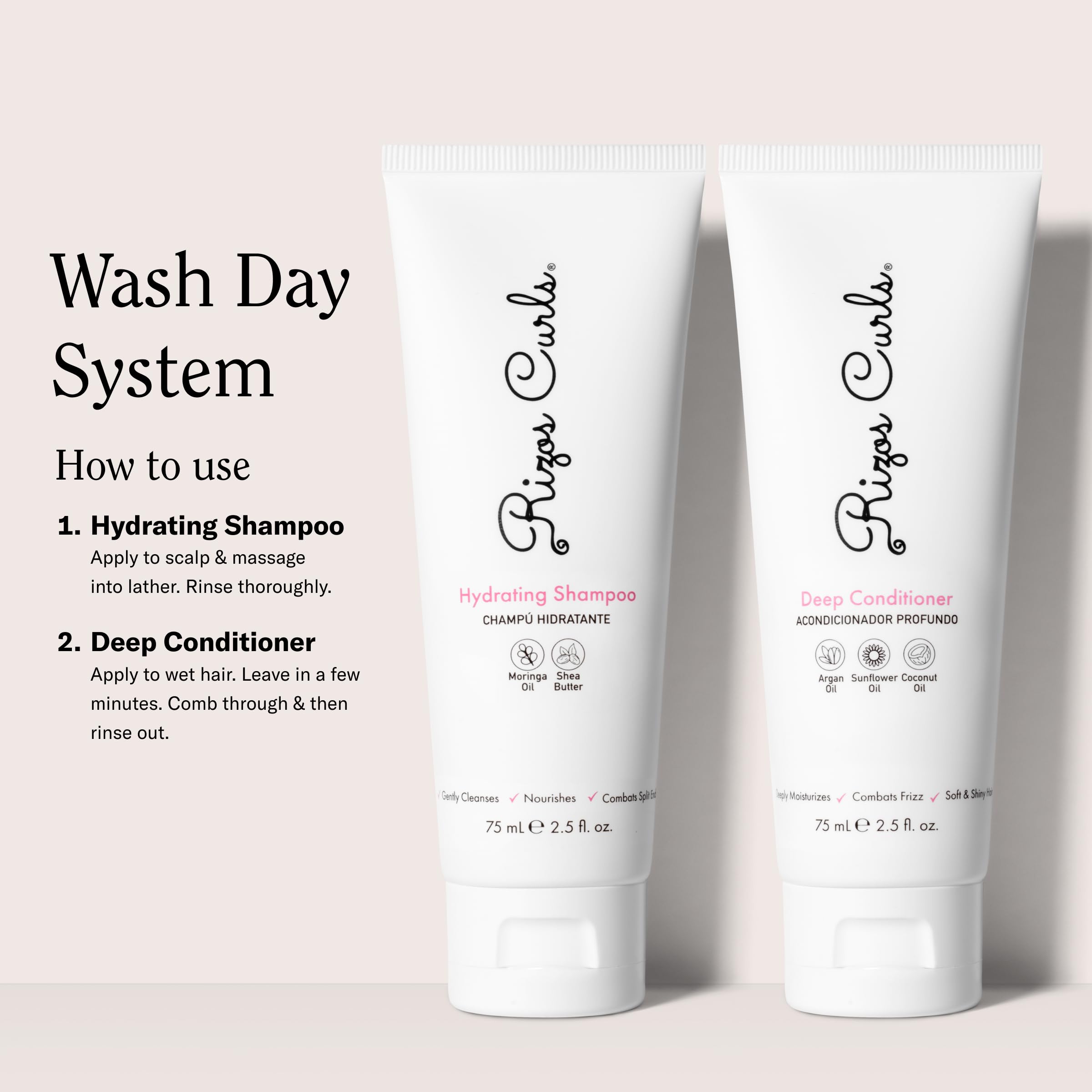 Rizos Curls Travel Bundle packaging on display for travel-friendly hydration.
