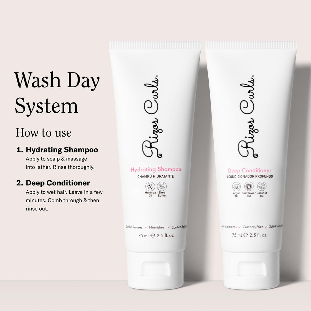 Rizos Curls Travel Bundle packaging on display for travel-friendly hydration.