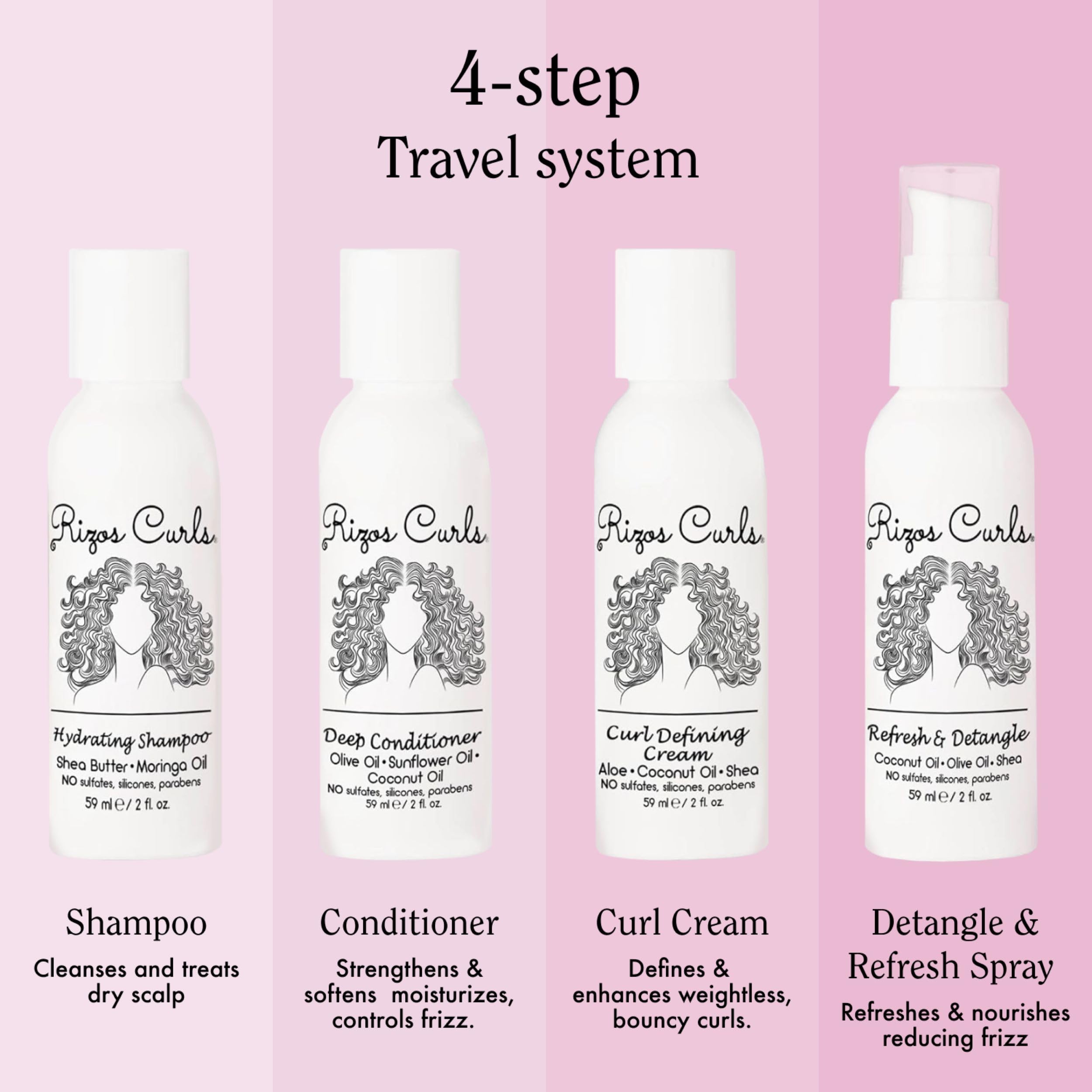 Rizos Curls travel kit conditioner bottle provides nourishment for softness and manageability.