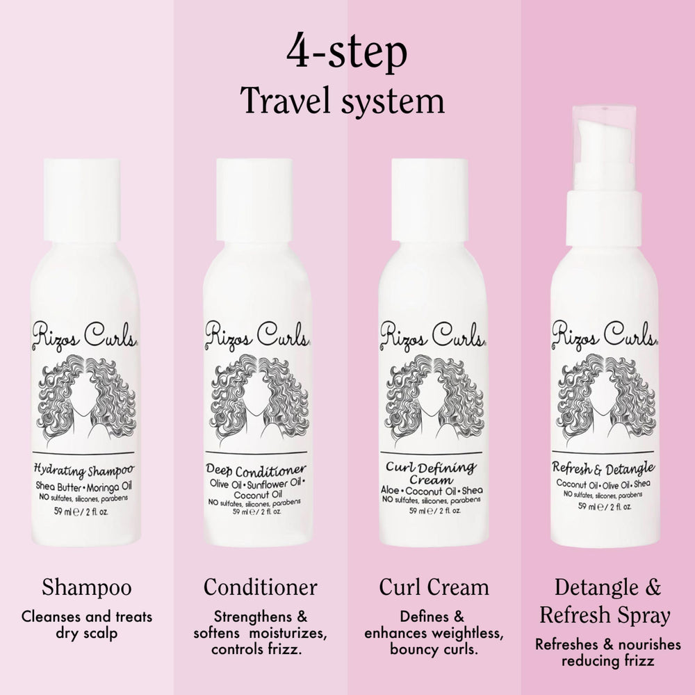 Rizos Curls travel kit conditioner bottle provides nourishment for softness and manageability.