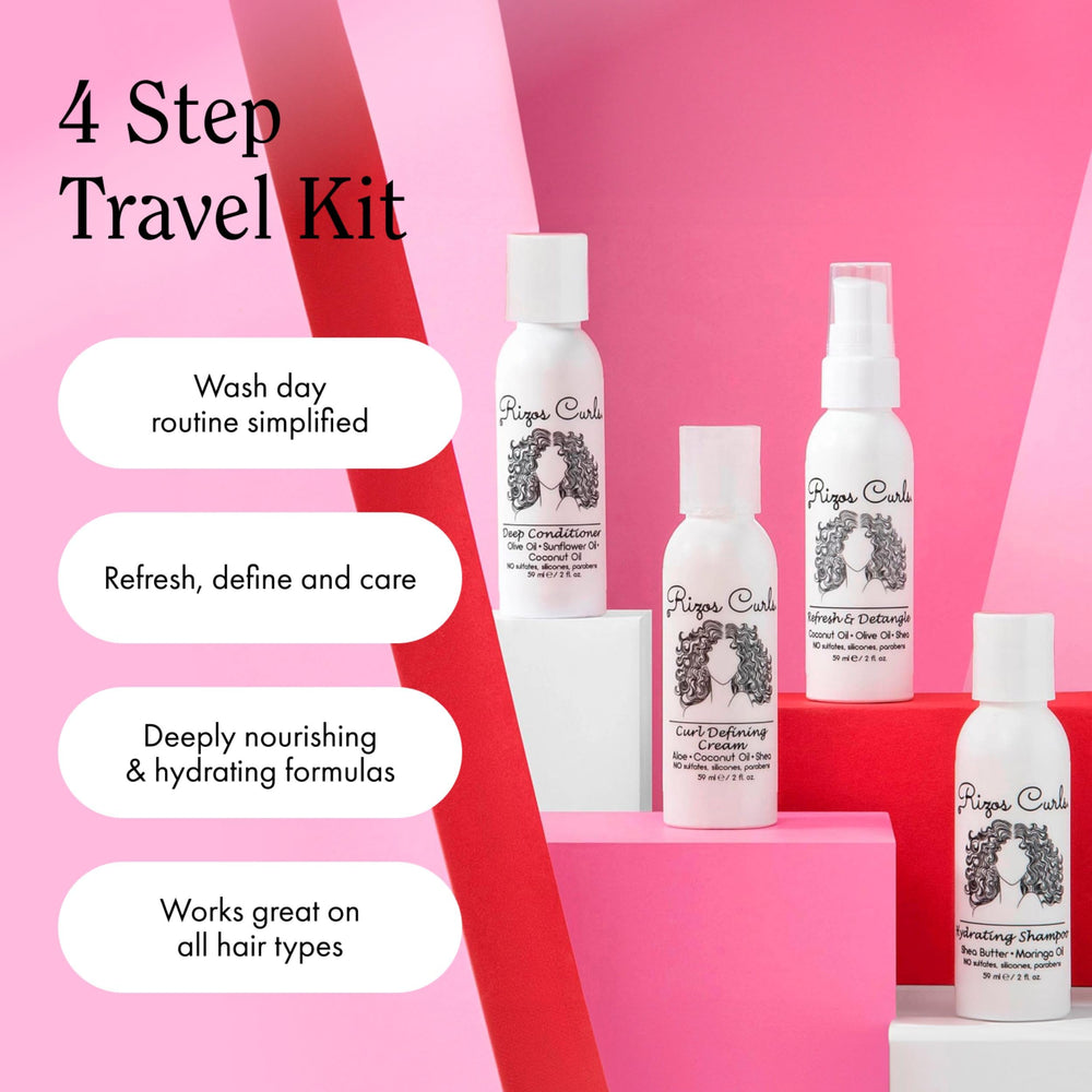 Rizos Curls travel kit packaging closeup highlights compact travel-friendly design.
