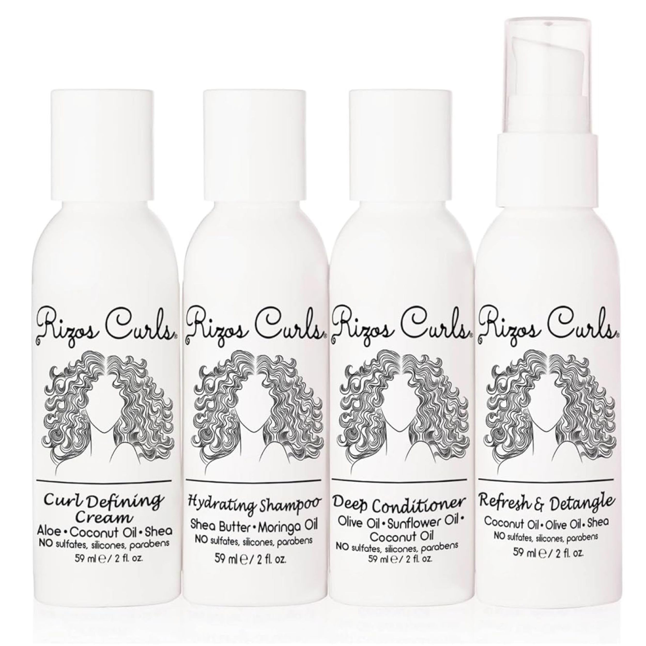 Rizos Curls travel kit shampoo bottle shows gentle cleansing and hydration for curls.