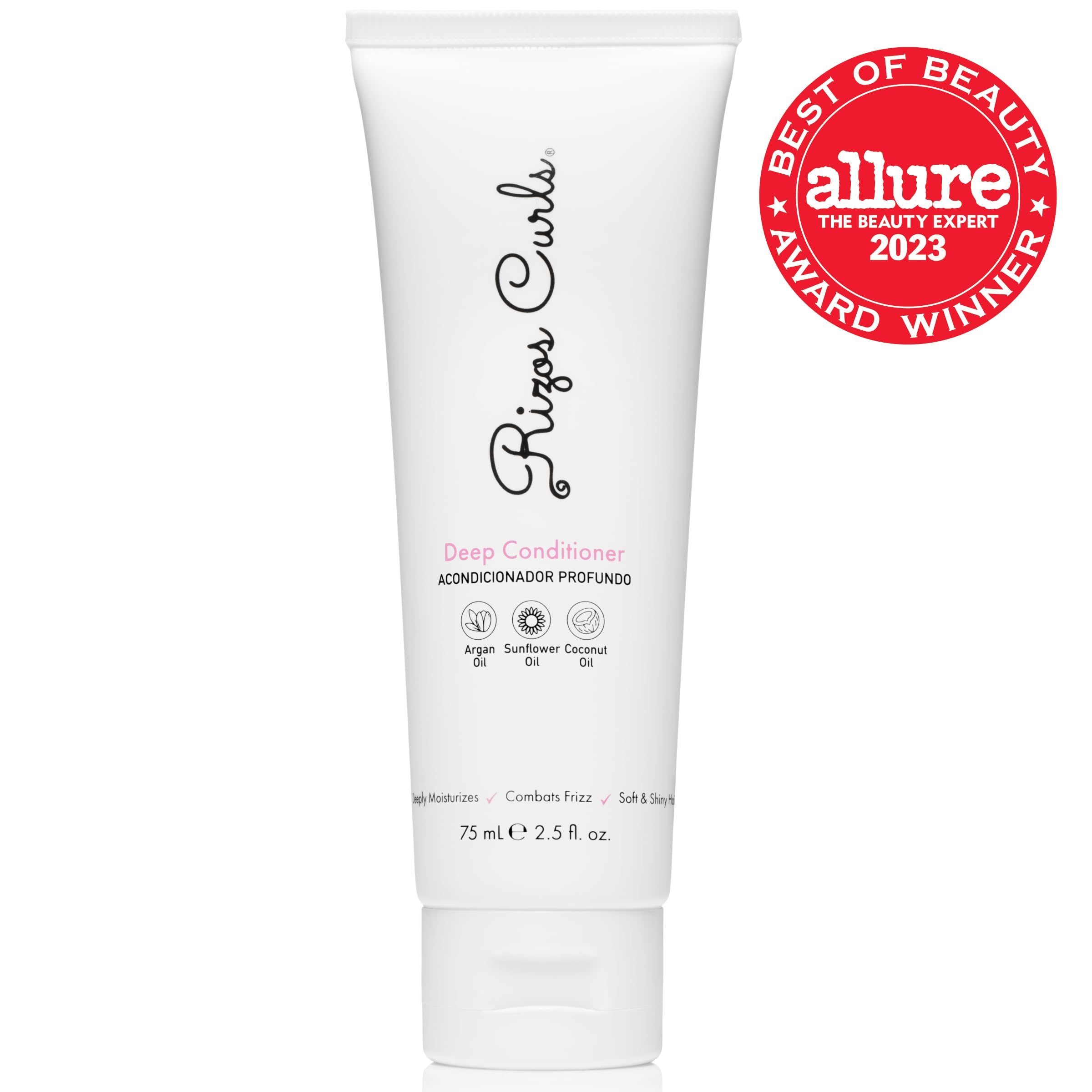 Rizos Curls Deep Conditioner tube showing deep hydration and frizz reduction.