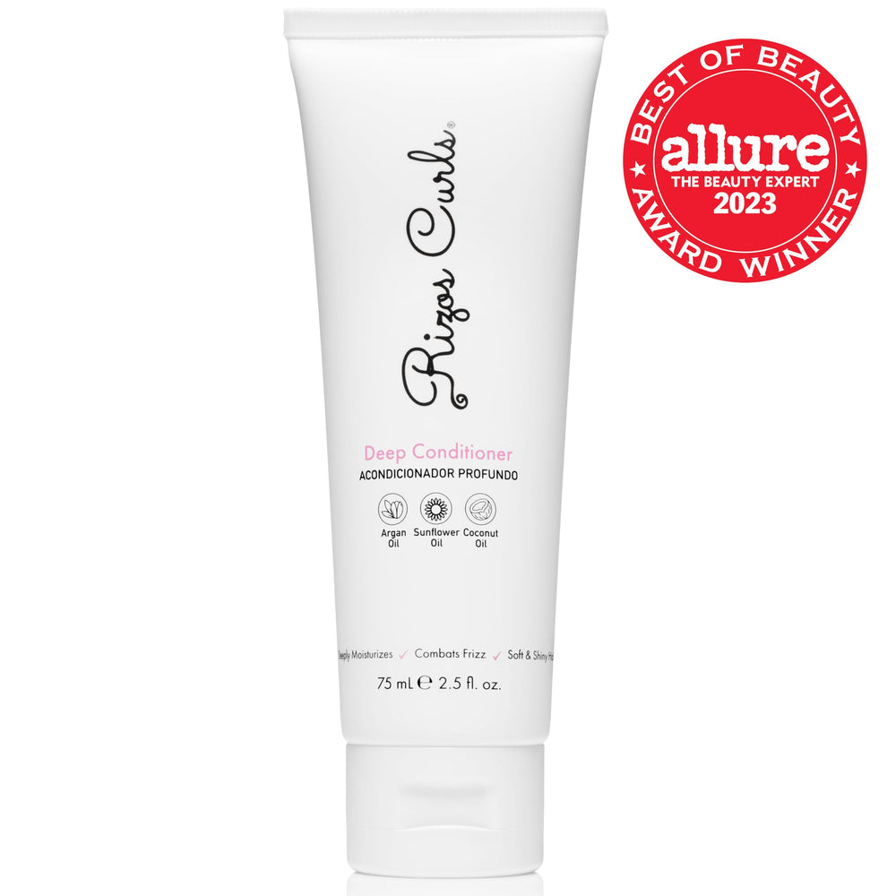 Rizos Curls Deep Conditioner tube showing deep hydration and frizz reduction.