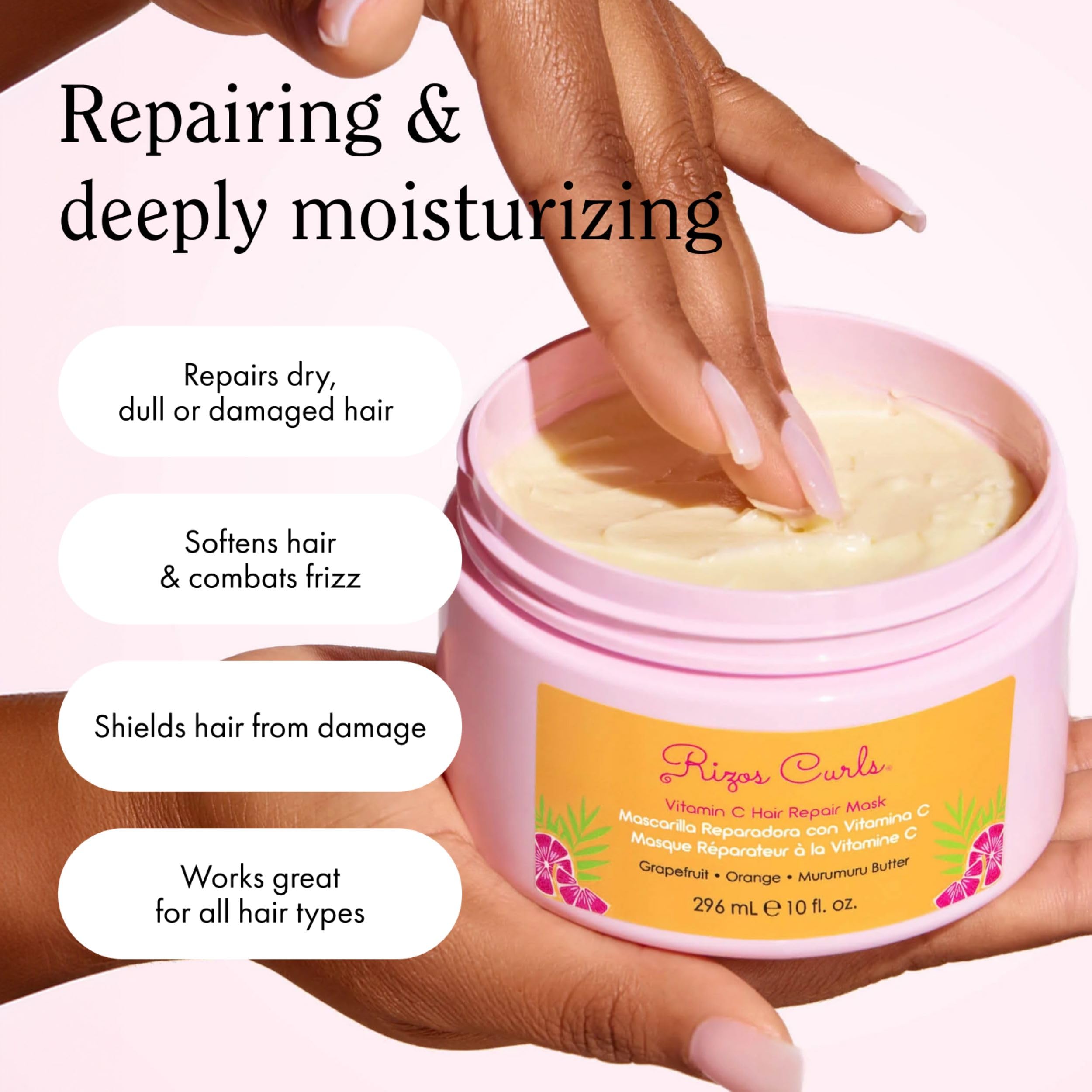 Rizos Curls Vitamin C Hair Repair Mask with murumuru butter provides nourishing slip.