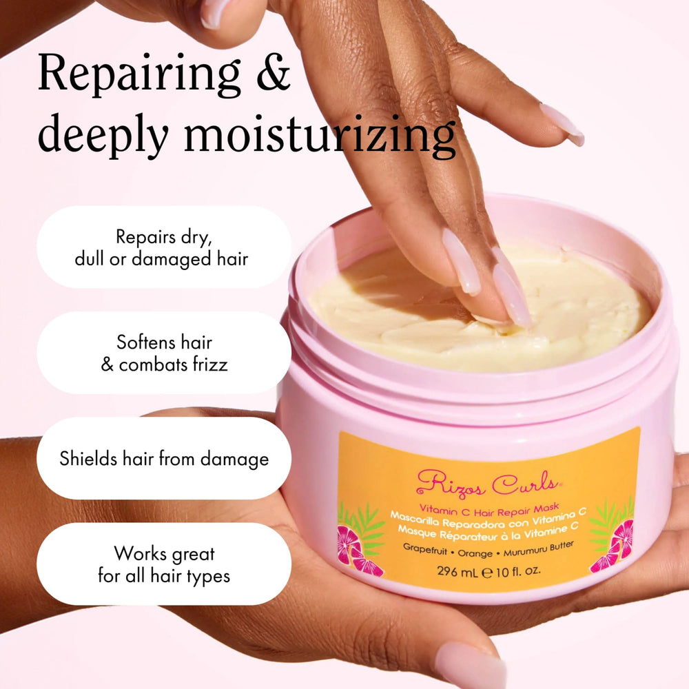 Rizos Curls Vitamin C Hair Repair Mask with murumuru butter provides nourishing slip.