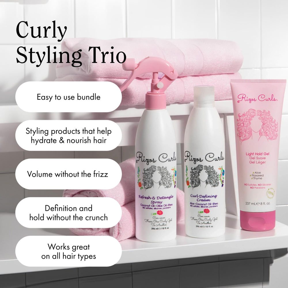 Rizos Curls Starter Kit showcases the trio for defined, voluminous curls.