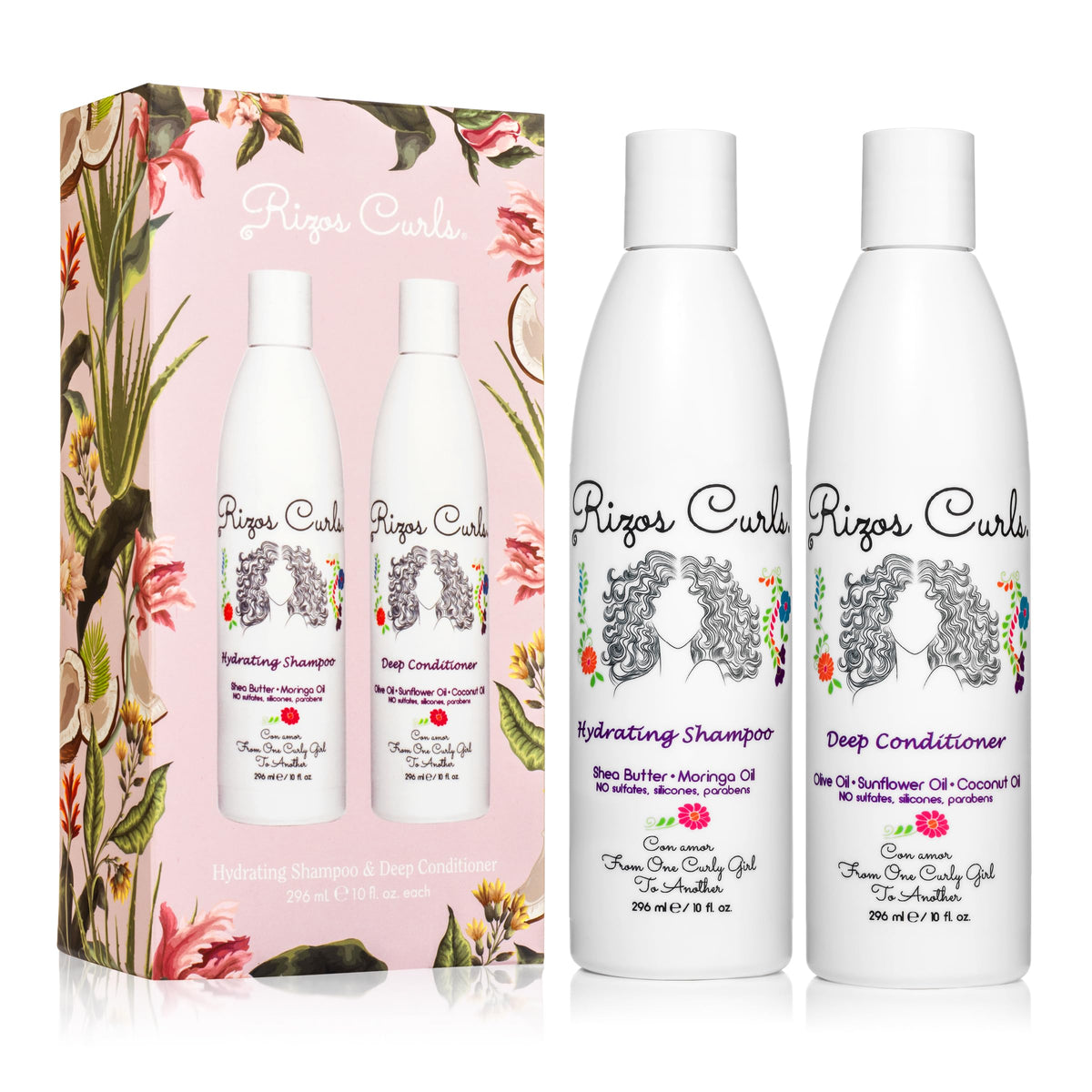 Rizos Curls Hydrating Shampoo bottle pour offers gentle cleansing for all curl textures.
