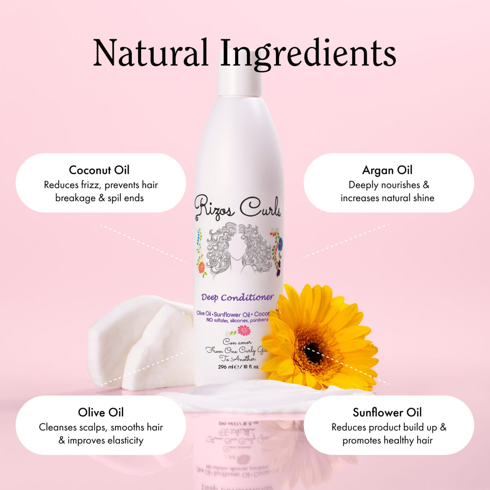 Rizos Curls Hydrating Shampoo bubbles on hair illustrate buildup removal and shine.