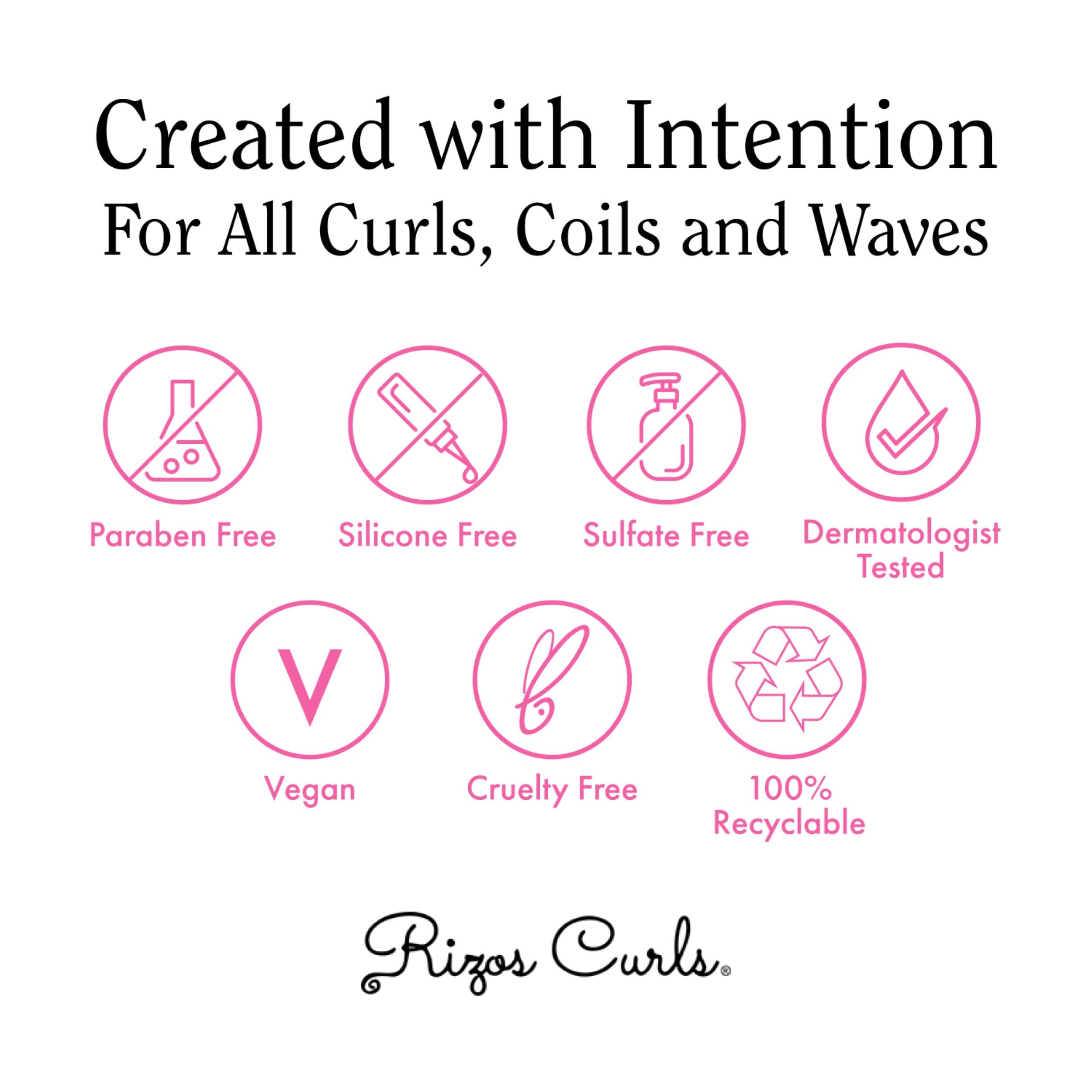 Rizos Curls packaging highlights vegan cruelty-free status and dermatologist-tested care.