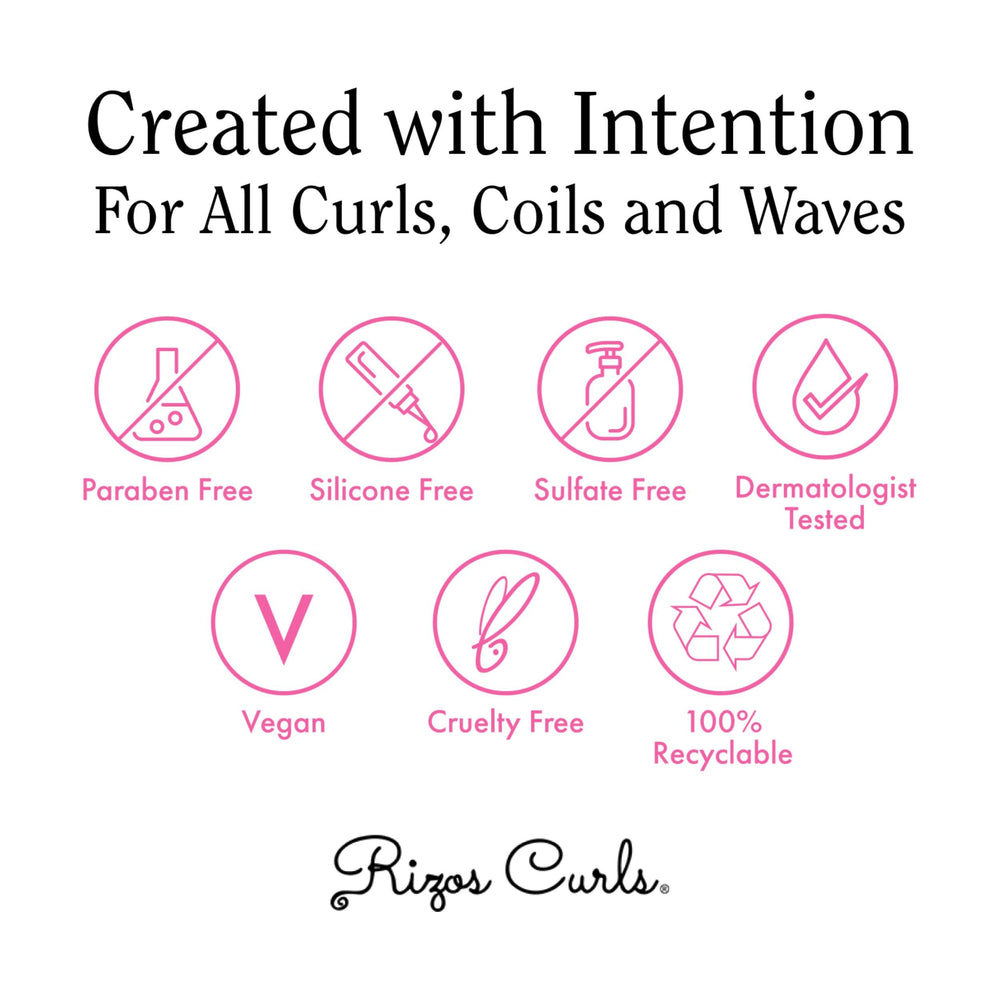 Rizos Curls packaging highlights vegan cruelty-free status and dermatologist-tested care.