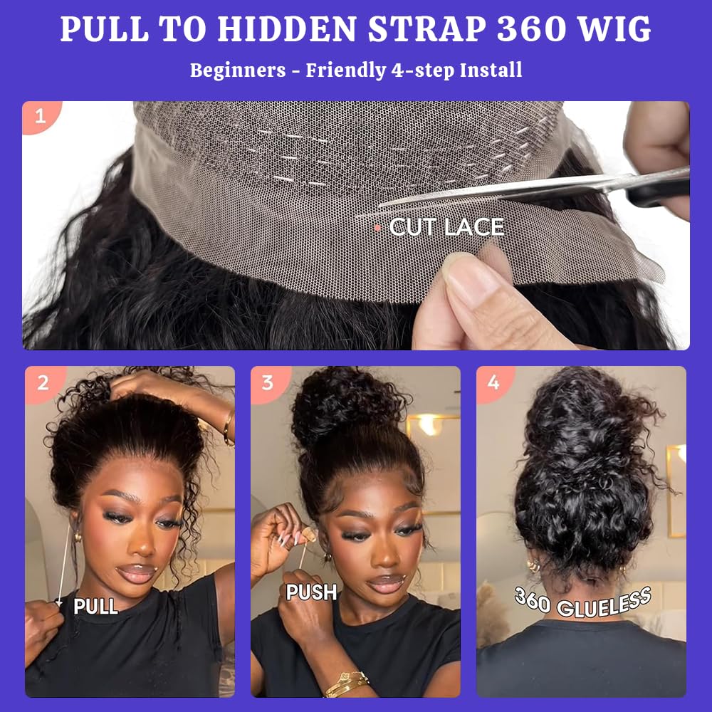 RJAOB Deep Wave 360 wig hidden strap detail for secure, comfortable fit.