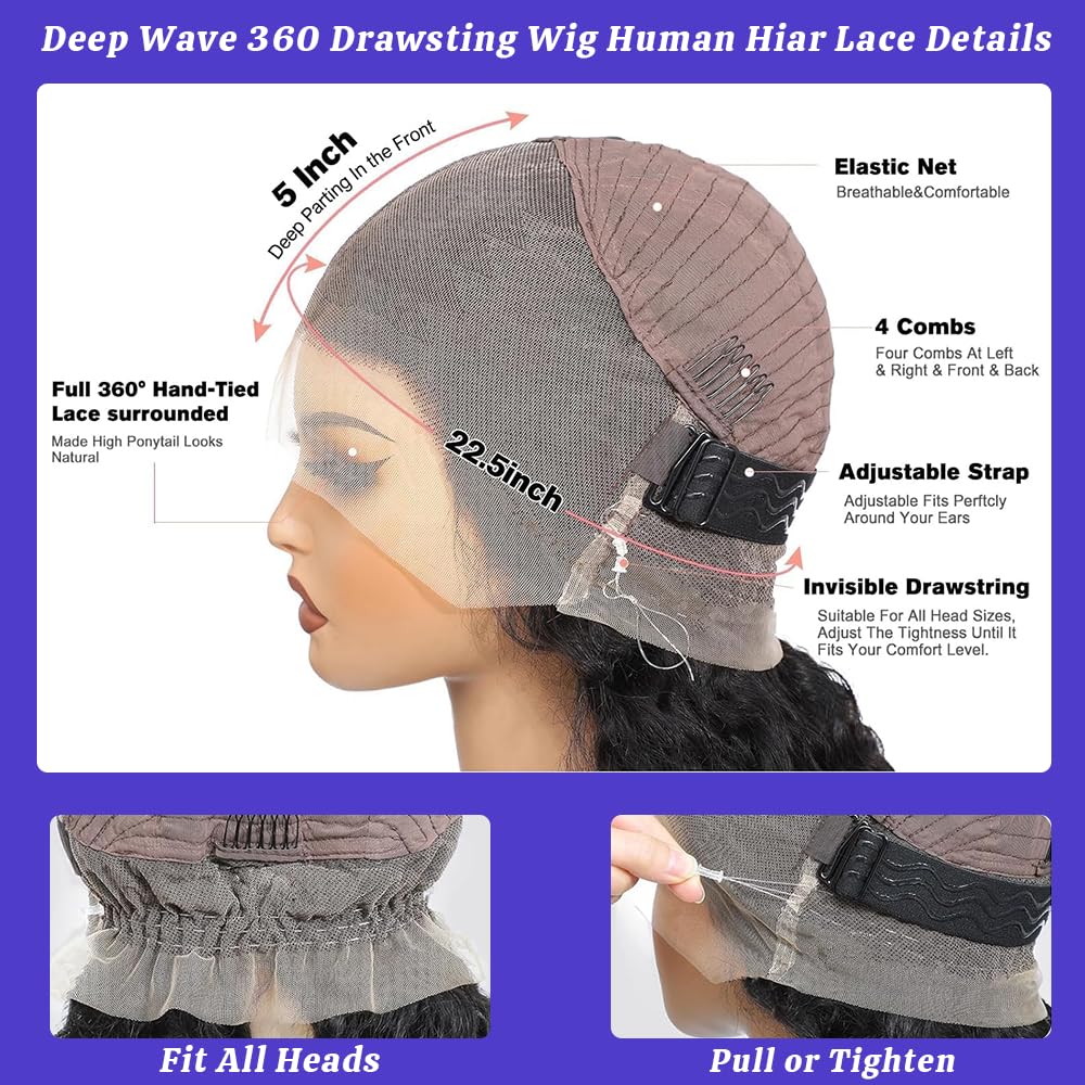RJAOB Deep Wave 360 wig styled into high ponytail for versatile updos.