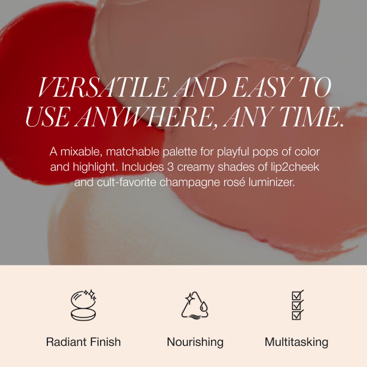 RMS Beauty Lip2Cheek Glow Quad application closeup shows creamy formula for lips and cheeks.