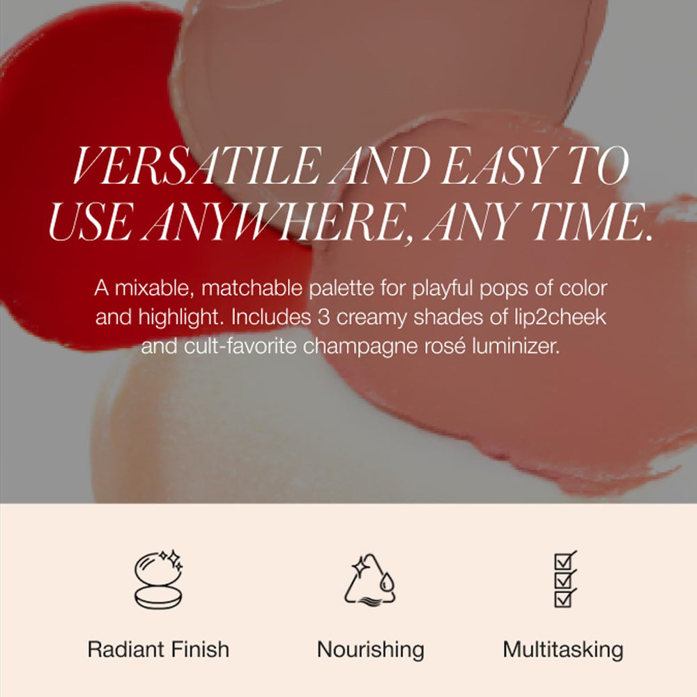 RMS Beauty Lip2Cheek Glow Quad application closeup shows creamy formula for lips and cheeks.