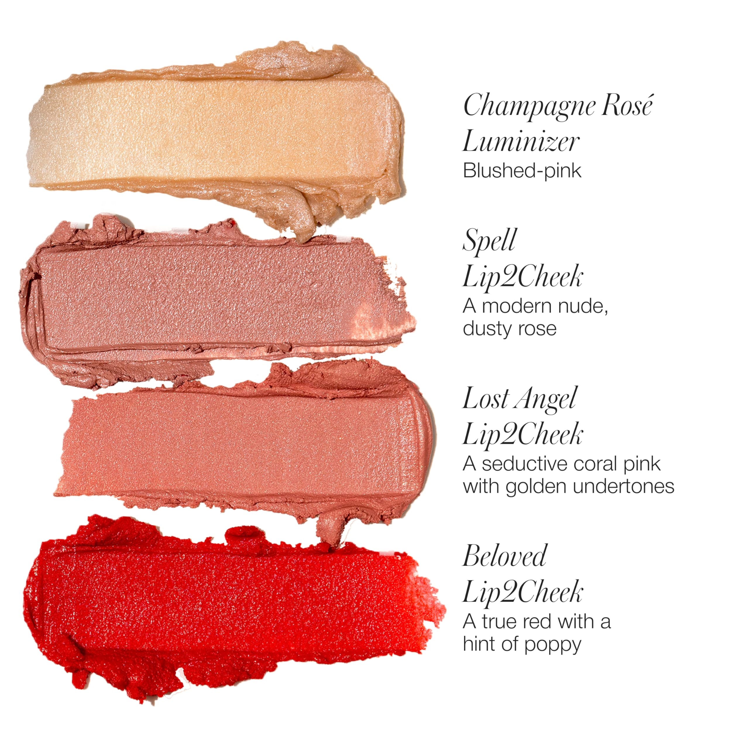 RMS Beauty Lip2Cheek Glow Quad swatches demonstrate seamless blend for natural radiance.