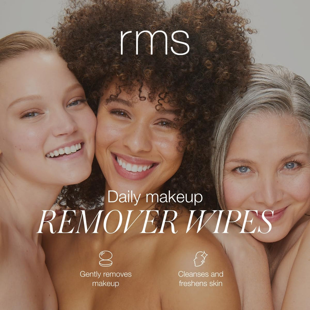 RMS Beauty makeup remover wipes close-up texture shows gentle, nourishing formula.
