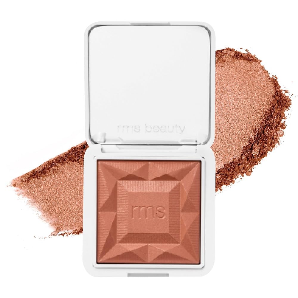 RMS Beauty Redimension Hydra Powder Blush compact demonstrates refillable eco-friendly packaging for on-the-go color