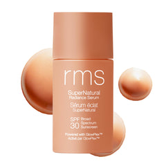 RMS Beauty Supernatural Radiance Serum SPF 30 bottle shows lightweight hydration and sun protection
