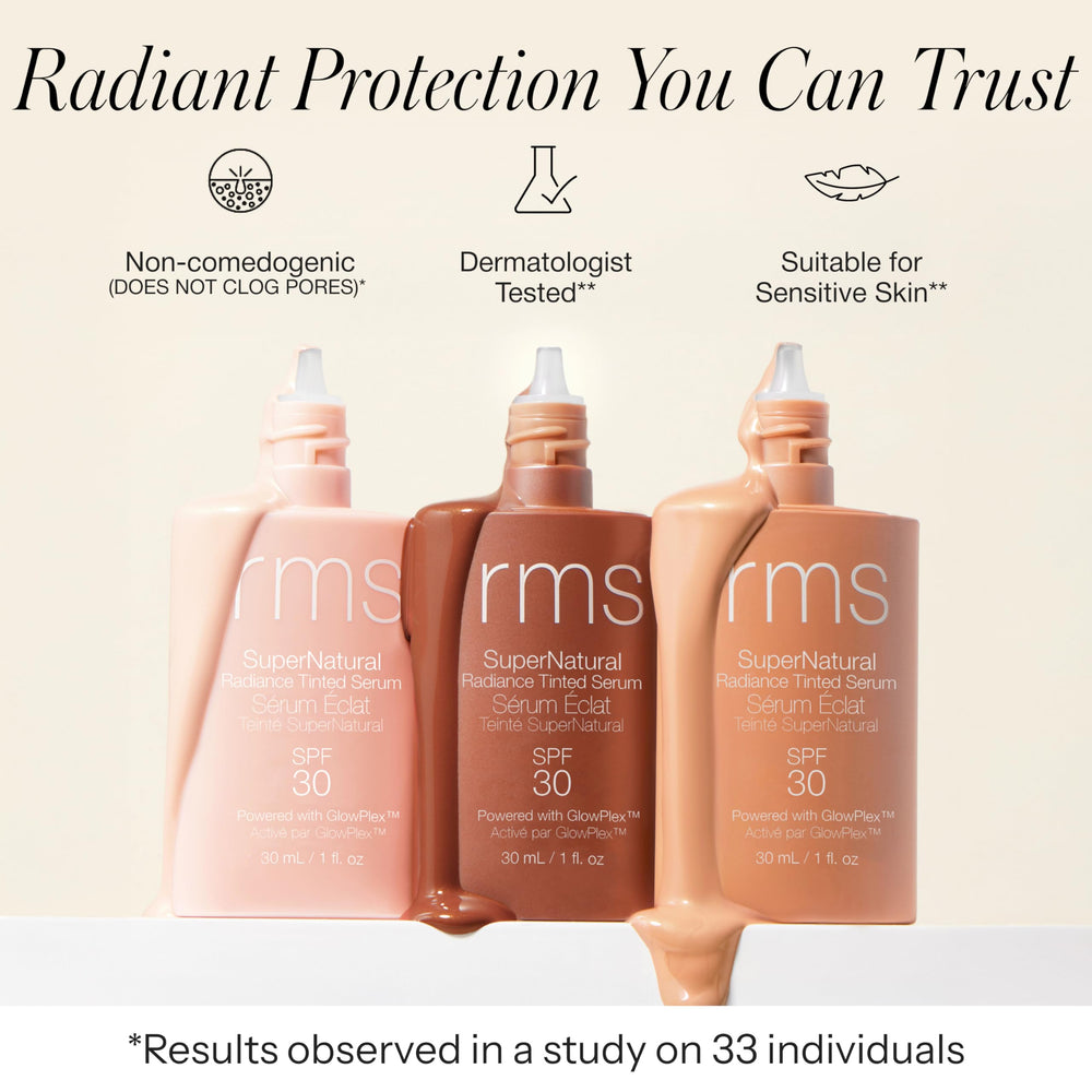 RMS Beauty Supernatural Radiance Serum SPF 30 glow-finish image reveals natural-looking radiance