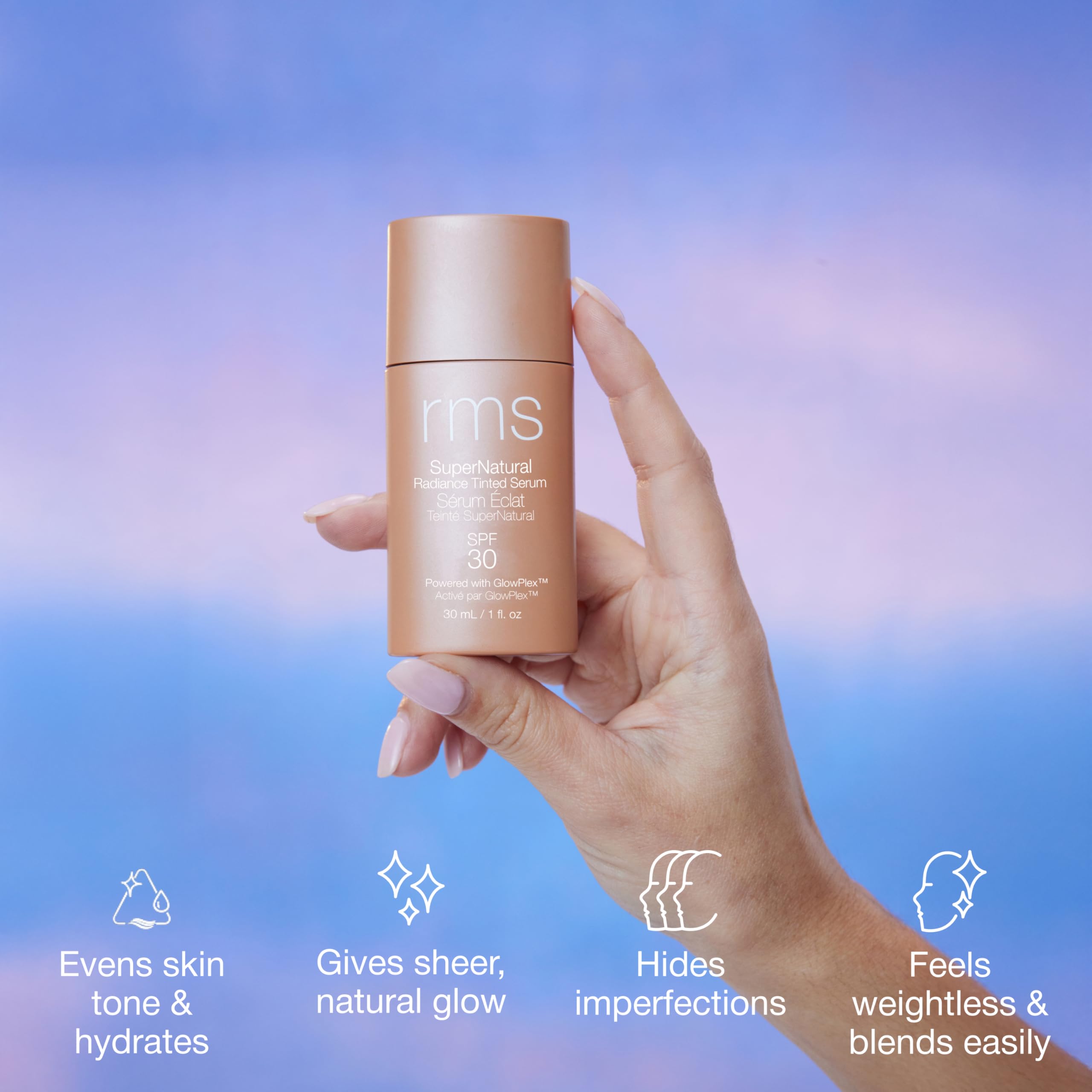 RMS Beauty Supernatural Radiance Serum SPF 30 under-makeup application demonstrates seamless layering