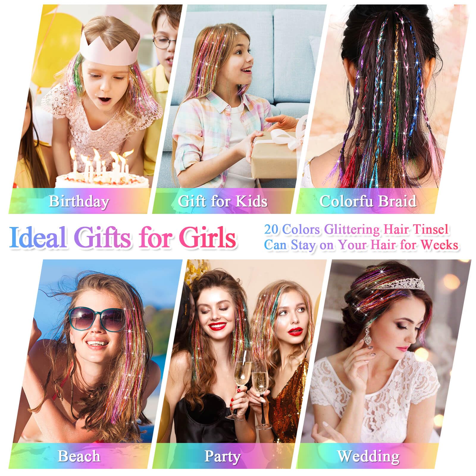 ROADPLUM tinsel extensions worn for stylish looks at parties