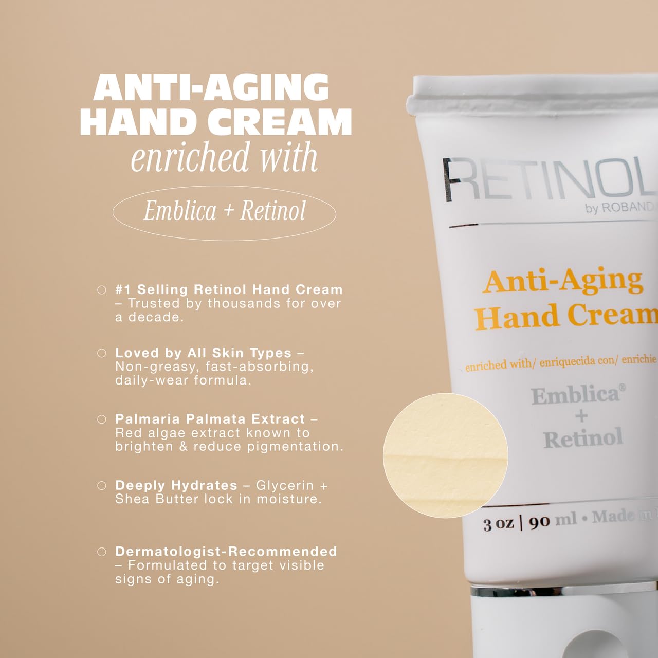 Robanda Hand Cream tube highlighting creamy texture and long-lasting moisture.