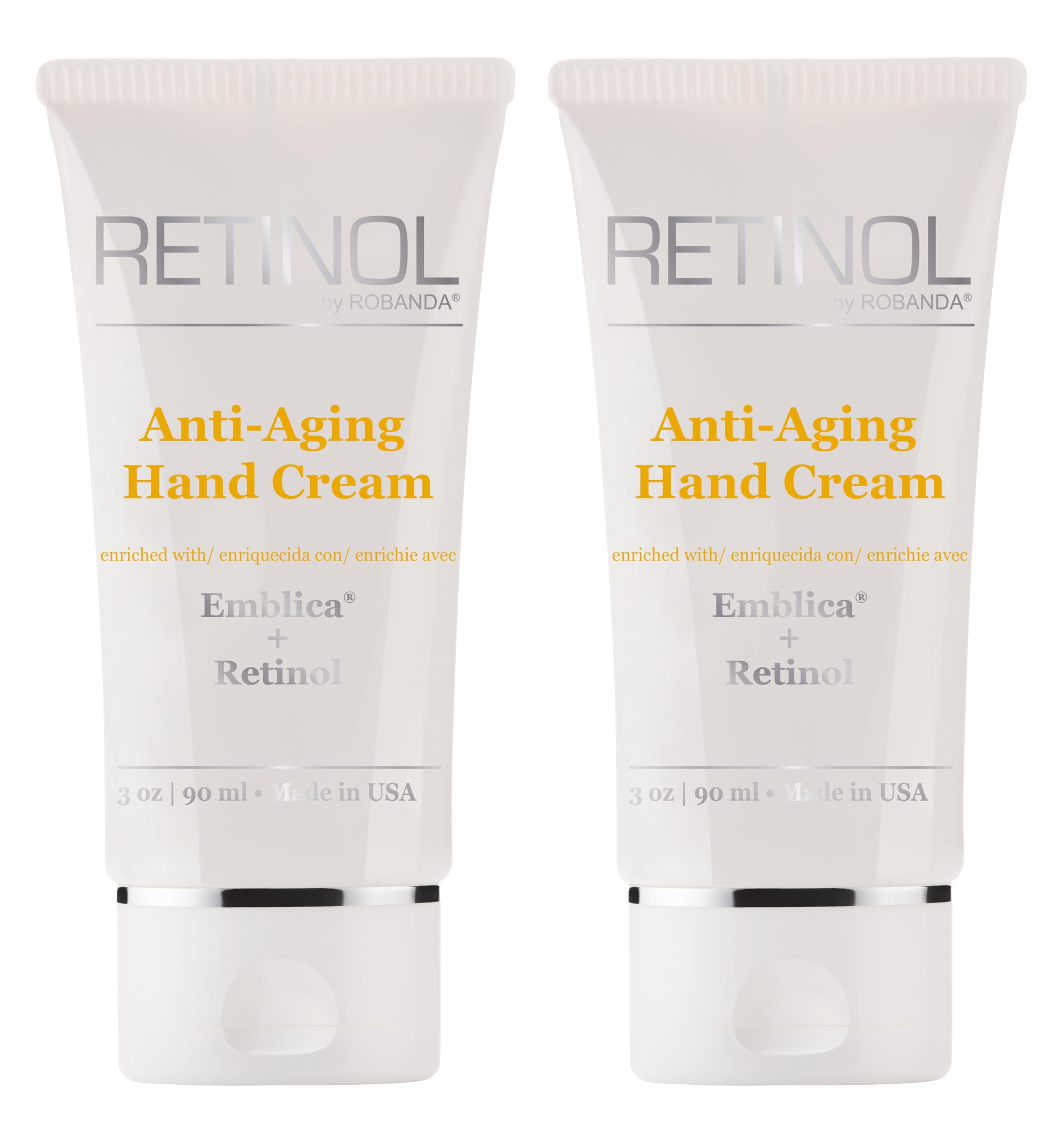 Robanda Retinol hand cream bottle close-up highlights hydration and anti-aging benefits.