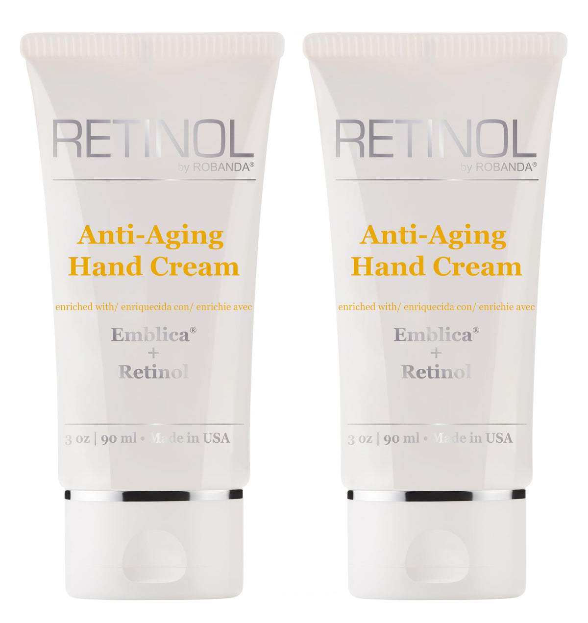 Robanda Retinol hand cream bottle close-up highlights hydration and anti-aging benefits.