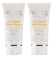 Robanda Retinol hand cream bottle close-up highlights hydration and anti-aging benefits.
