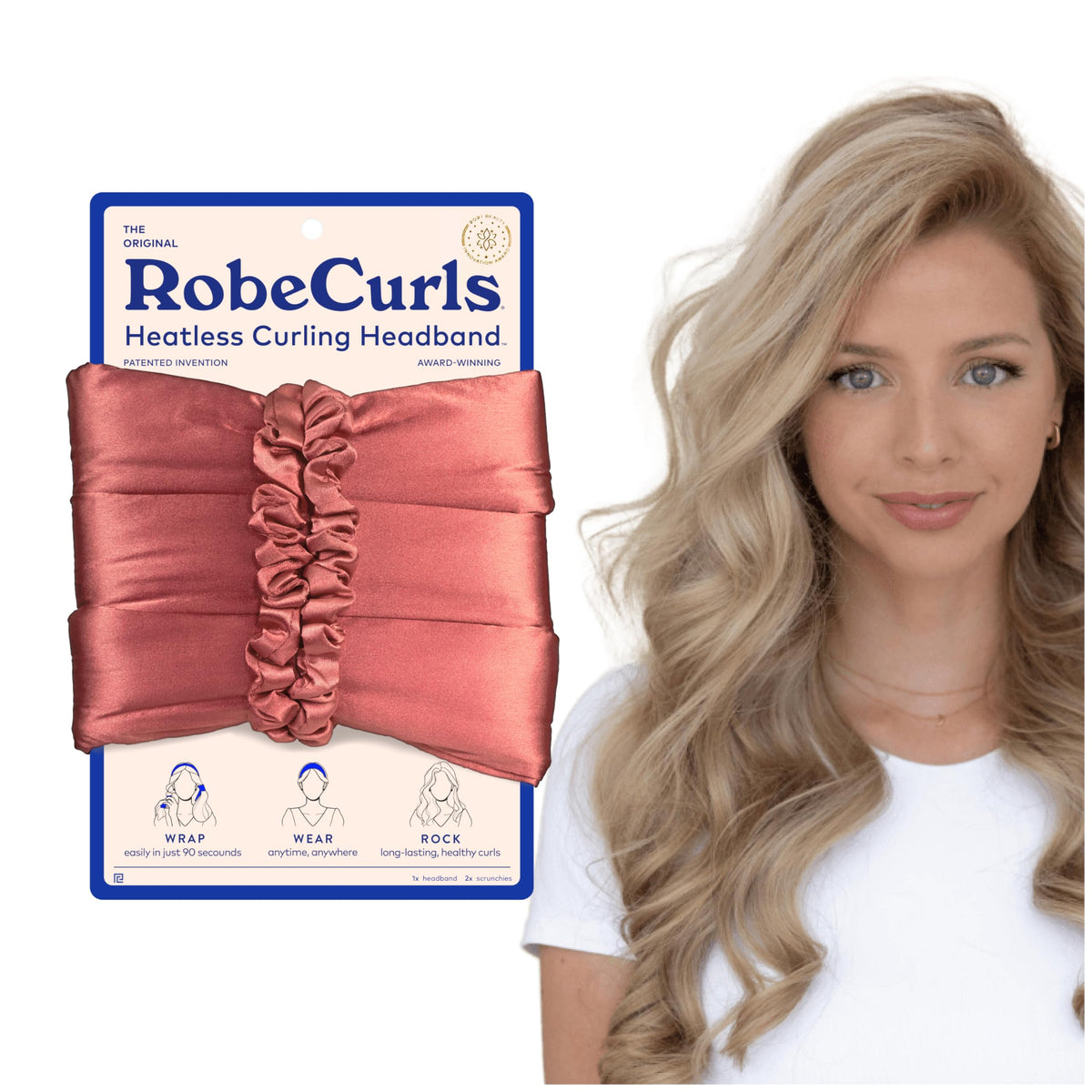 RobeCurls Original heatless headband with wire system for secure overnight curls.