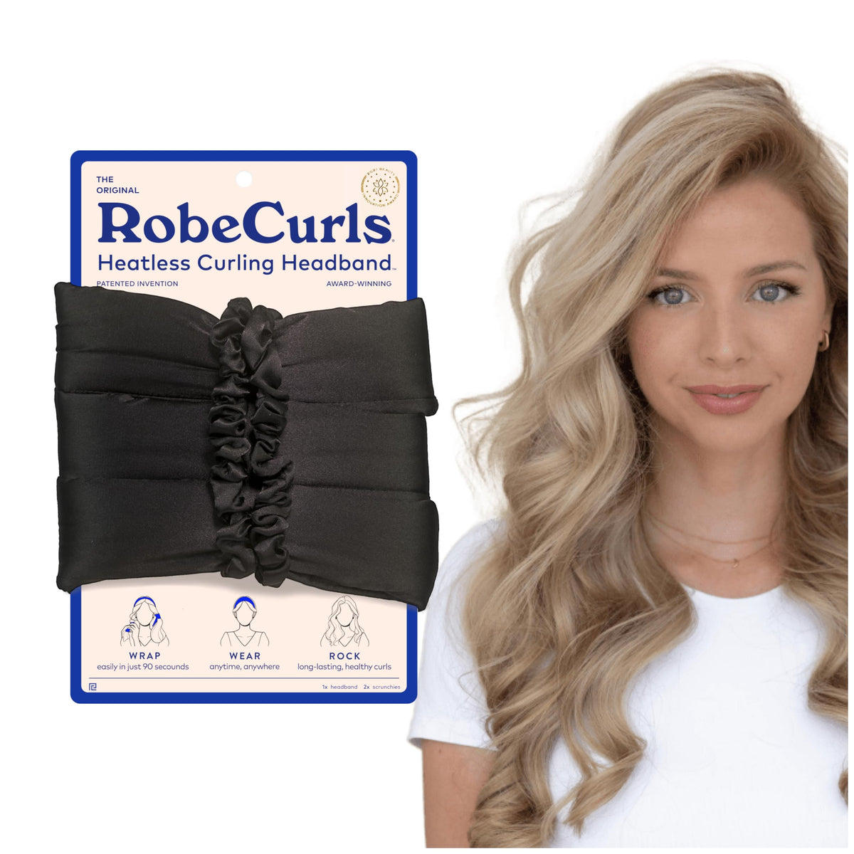 RobeCurls Original heatless headband in use for secure overnight curls and gentle styling