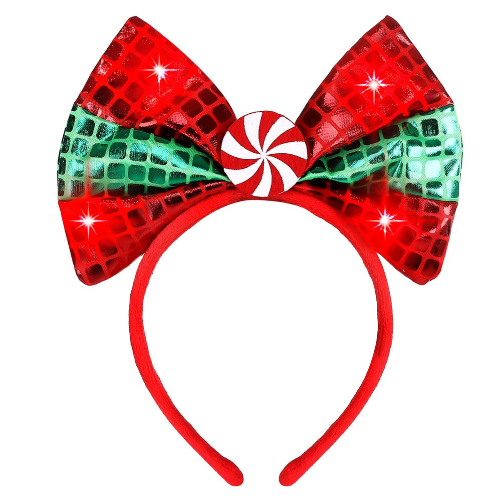 ROC PARTY light-up bow headband close-up sequins adds festive sparkle for parties.