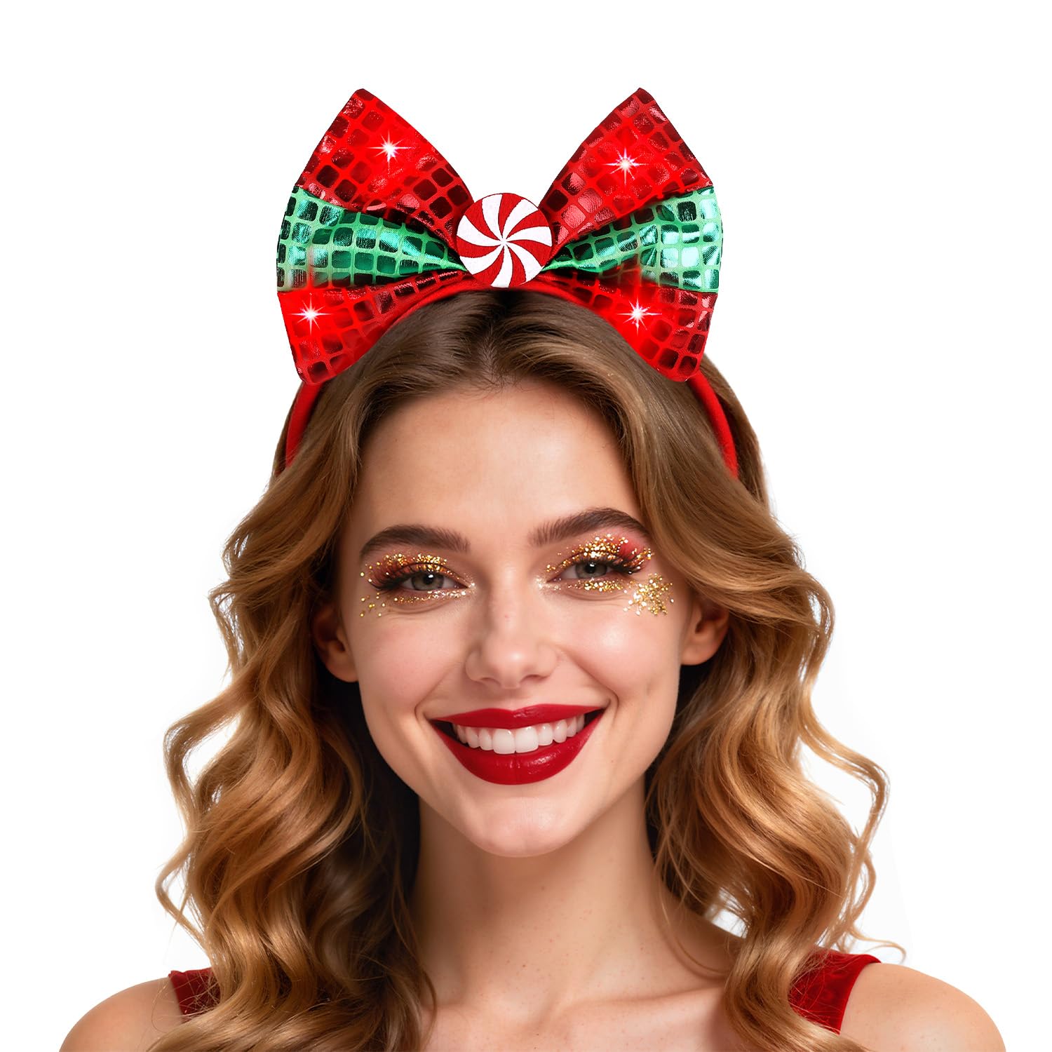 ROC PARTY light-up bow headband front view enhances holiday photos with warm glow.