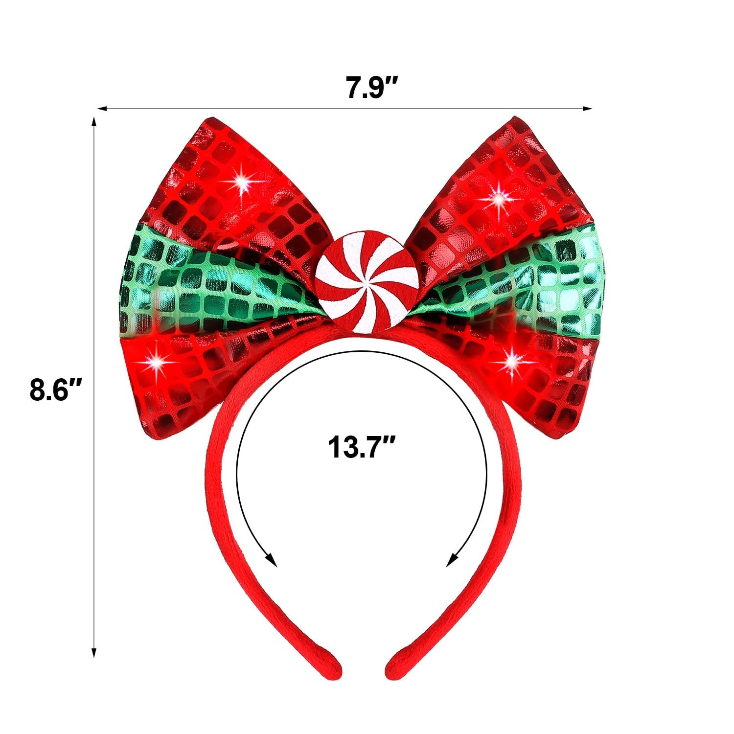 ROC PARTY light-up bow headband worn on head showcases comfortable, secure fit.