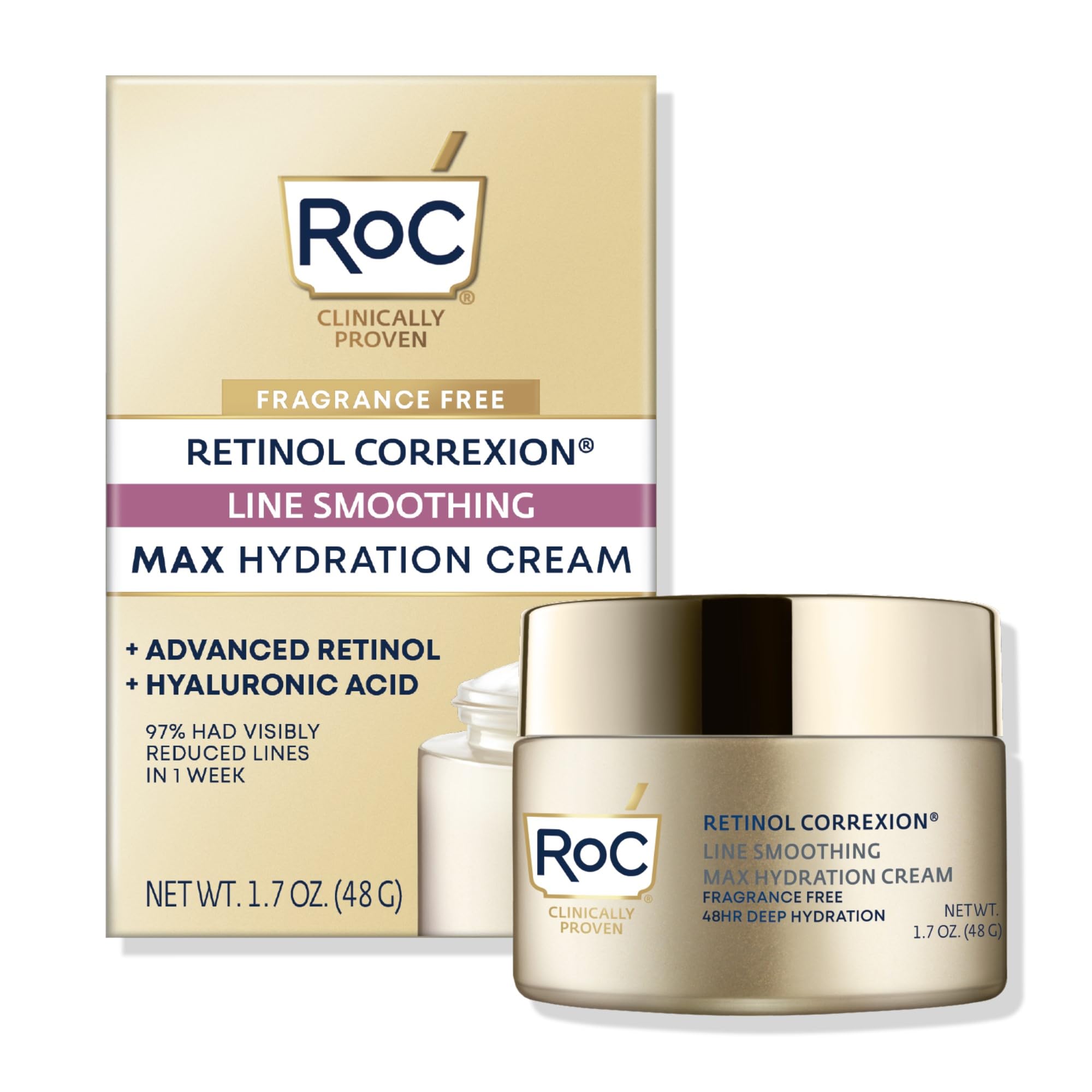 RoC Retinol Correxion Max Hydration jar demonstrates fragrance-free, oil-free hydration for 24 hours