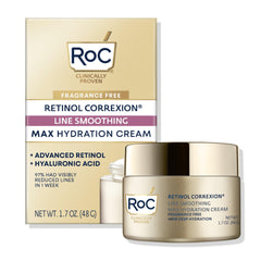 RoC Retinol Correxion Max Hydration jar demonstrates fragrance-free, oil-free hydration for 24 hours