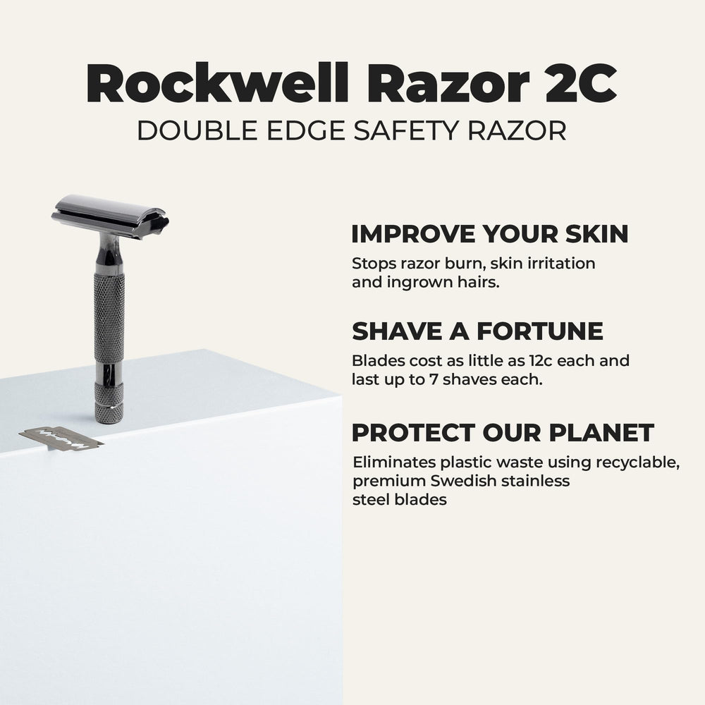 Rockwell Razors 2C premium alloy finish minimizes nicks and irritation.