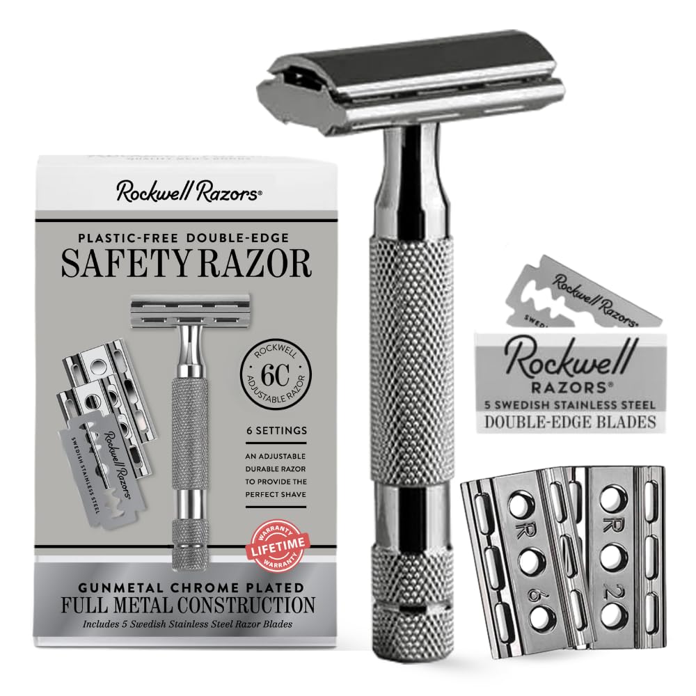 Rockwell 6C gunmetal razor close-up with adjustable settings for a tailored shave