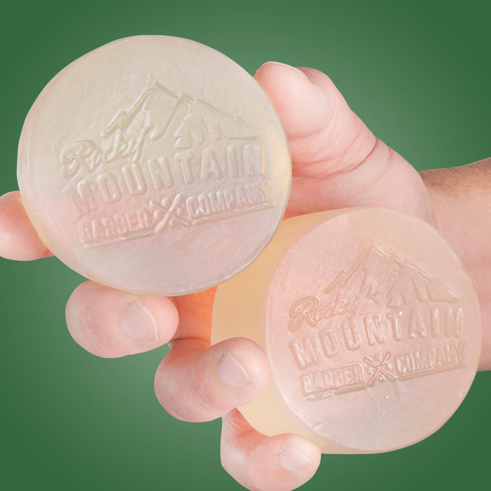 Rocky Mountain Barber Boulder Bar glycerin-based formula moisturizes skin with clear hydration.
