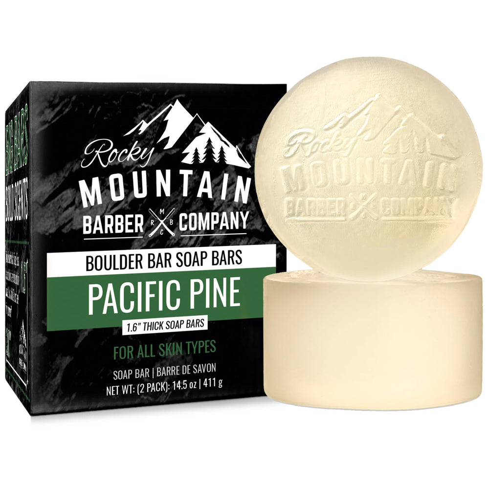 Rocky Mountain Barber Boulder Bar Pacific Pine pack showing two thick soap bars for head-to-toe cleansing.